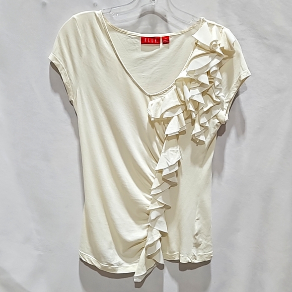 Elle Tops - Elle, Cream/White Ruffled Top Sz XS, Short Sleeve Tee, V-Neck, Cap Sleeve